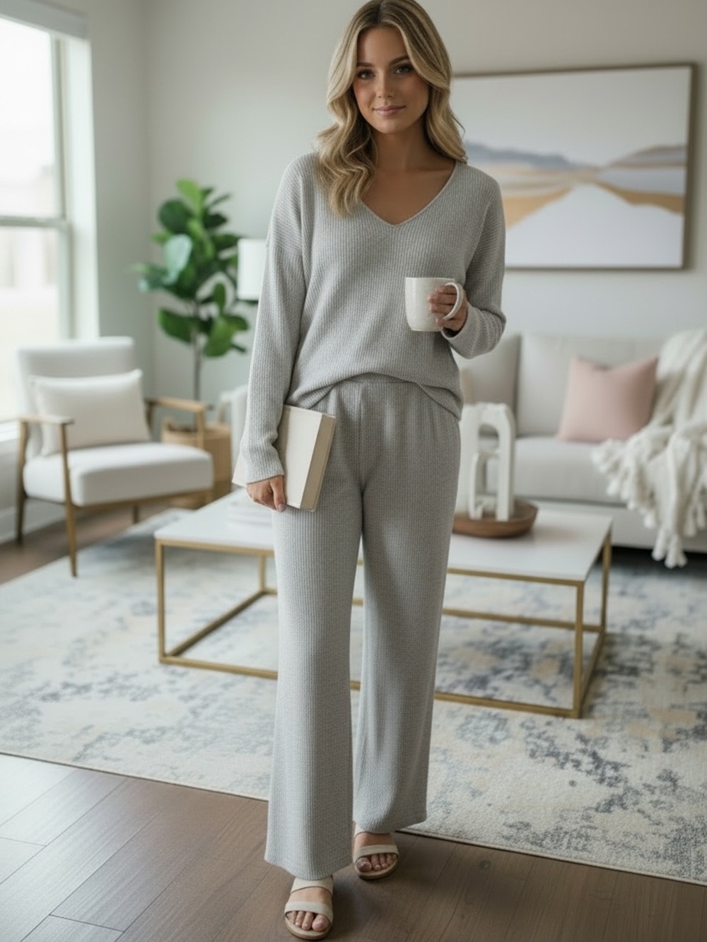 Cyrus 2 Piece Knit Loungewear Set Grey V Neck Ribbed Sweater Wide Leg Pants XS